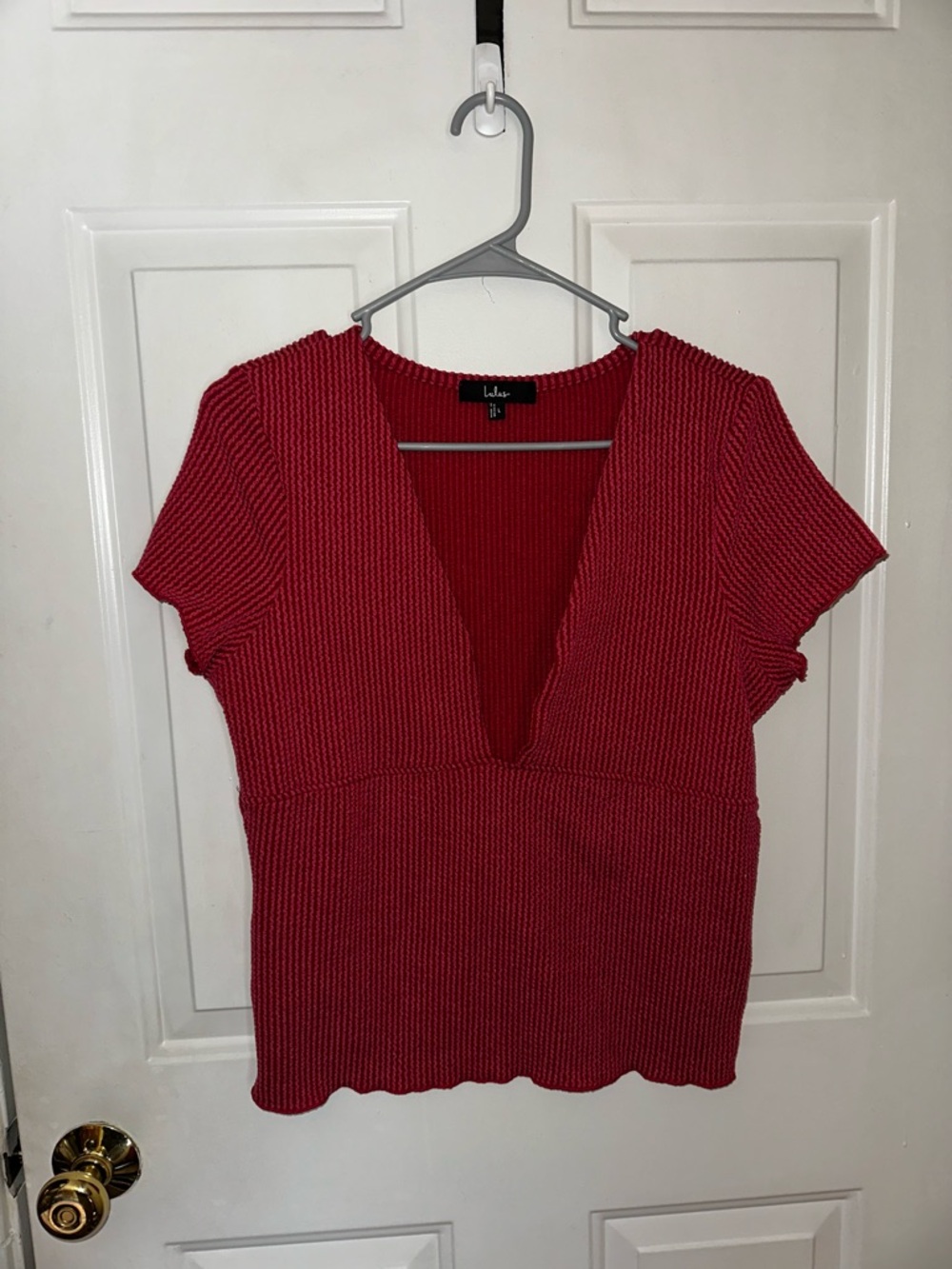Lulu's Deep Pink Ribbed Deep V Short Sleeve Top